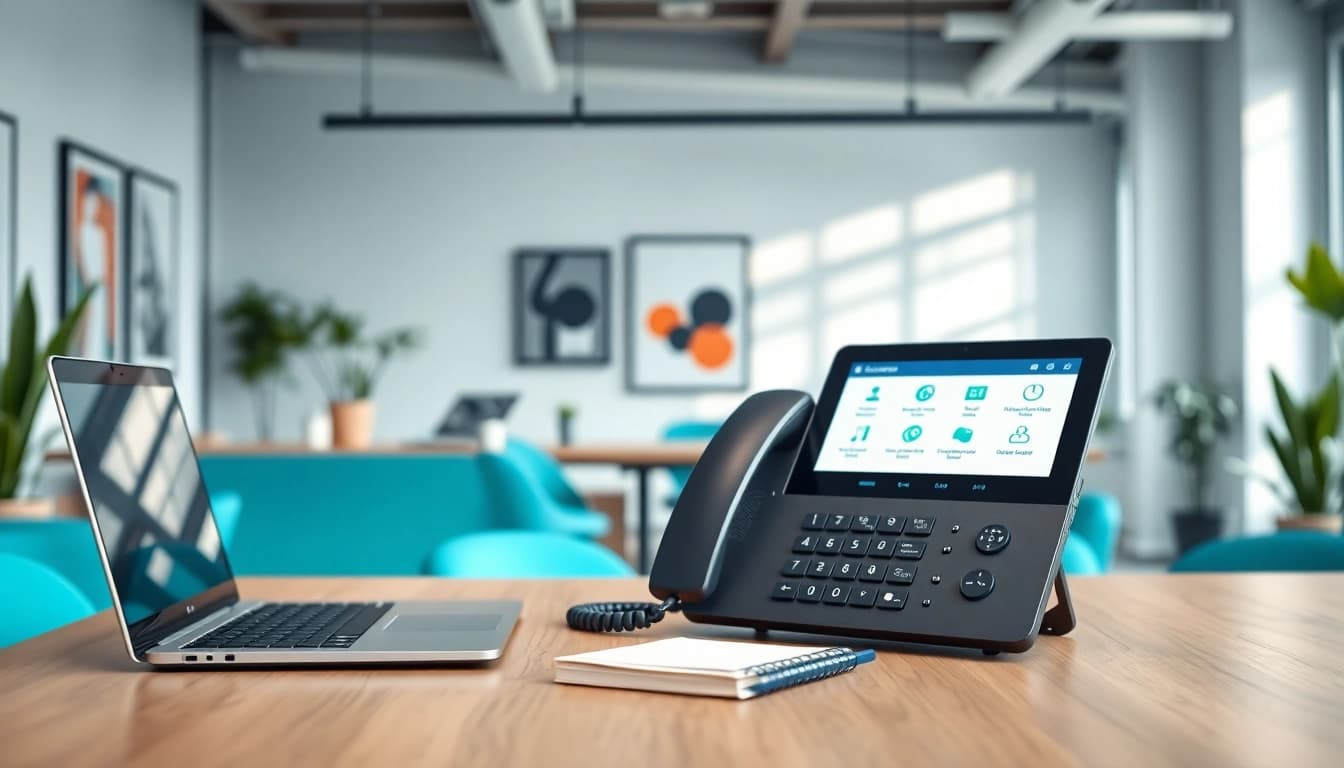Utilizing a cloud based phone system in a modern office setting with sleek technology.