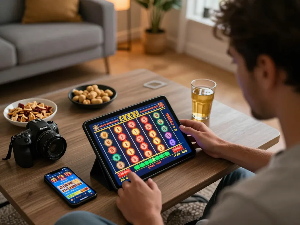 KONG88 user enjoying online slots on a tablet in a cozy home setup.