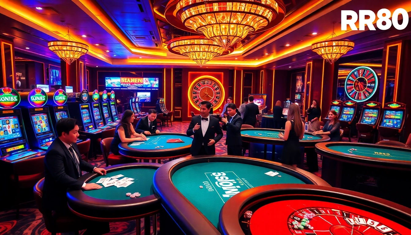 Experience the excitement of RR88 with vibrant casino gaming tables and players enjoying their bets.