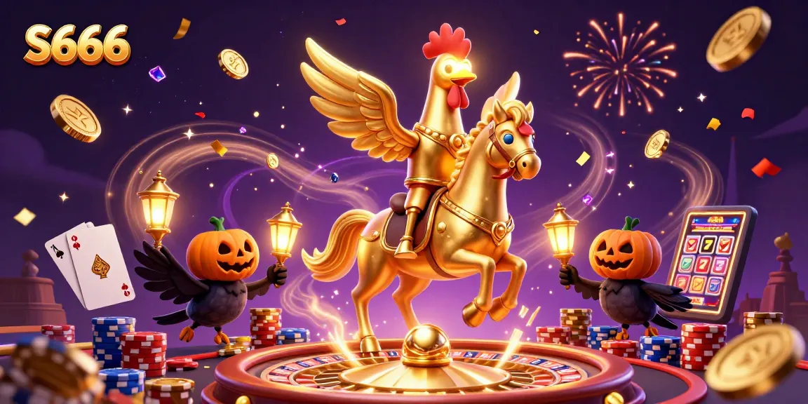 Engage with S666's captivating casino environment, featuring a golden rooster and dazzling game elements.