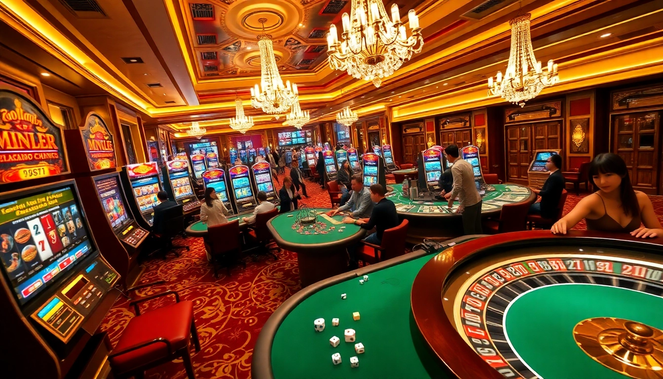 Gambling excitement at KING88 casino with vibrant tables, glowing slot machines, and players in action.