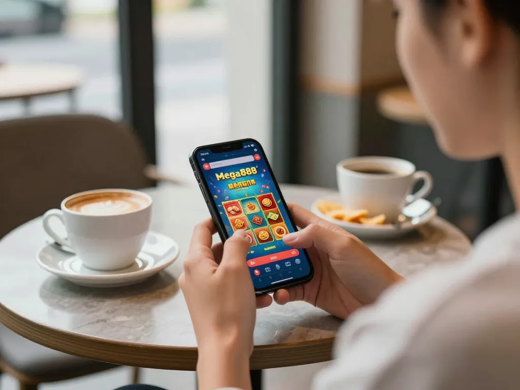 Engaging mobile gaming experience on the mega888 app in a stylish cafe setting.