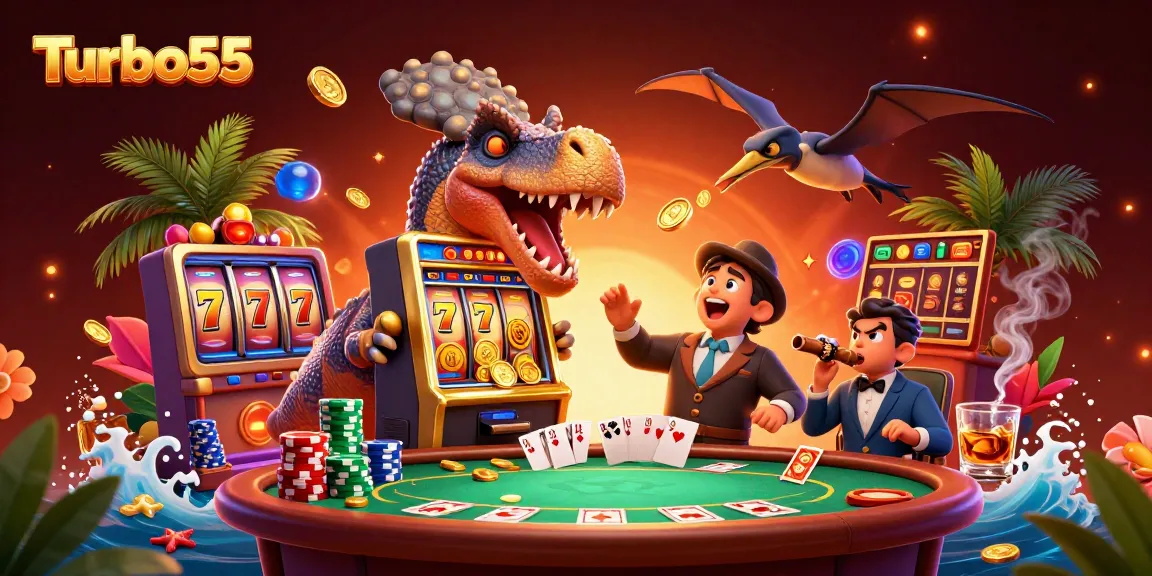 Experience Turbo55 as a pachycephalosaurus wins jackpots at a lively casino scene filled with excitement.