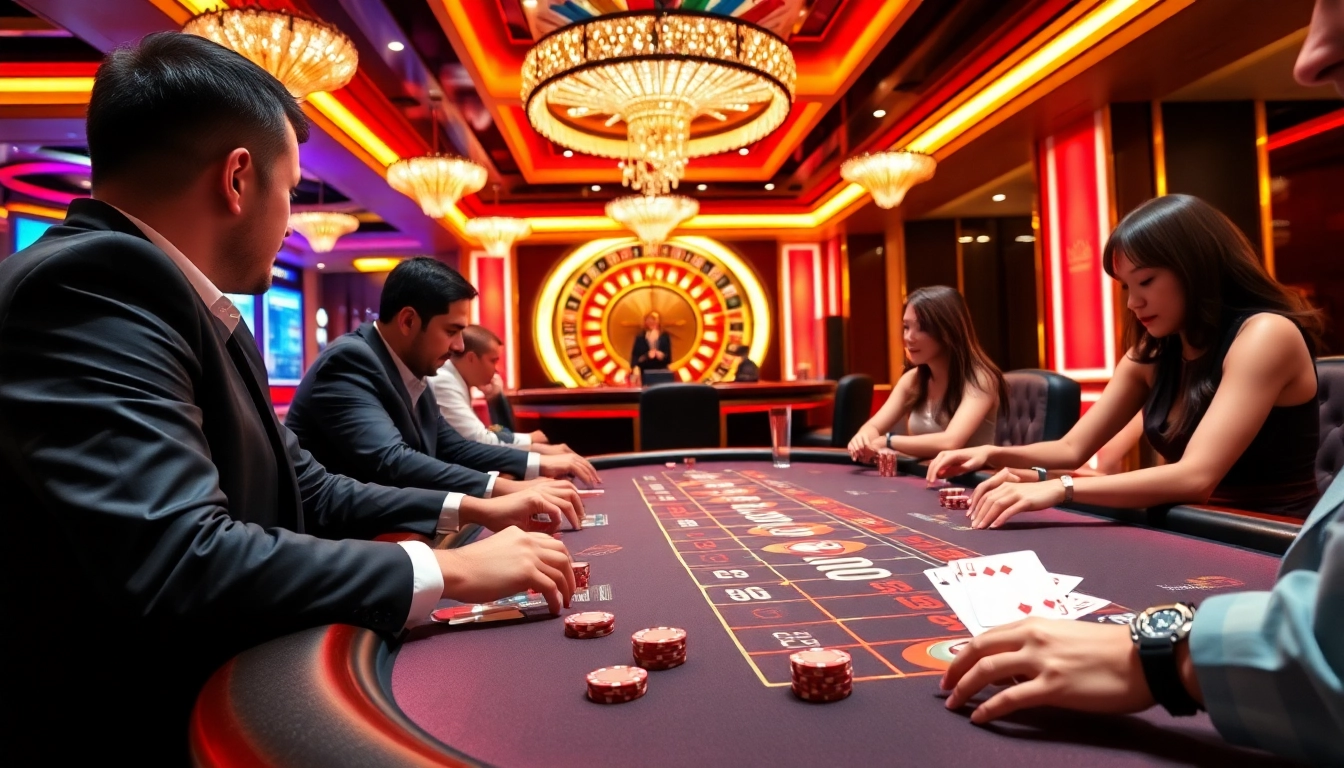 Players enjoying a thrilling game at the TK88 casino table, surrounded by vibrant decor.
