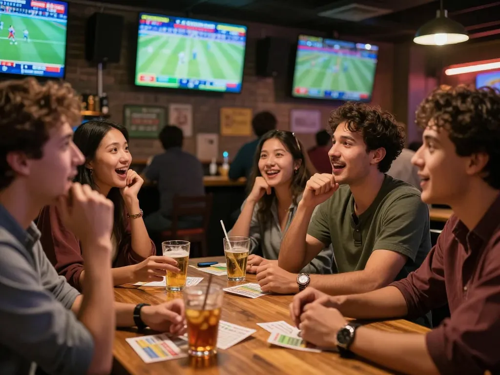 Friends enjoying an exciting sports betting experience while using the CO88 platform at a vibrant sports bar.