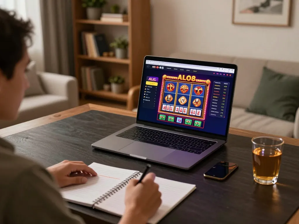 Player engaging with ALO8 online casino on a laptop in a cozy home setting