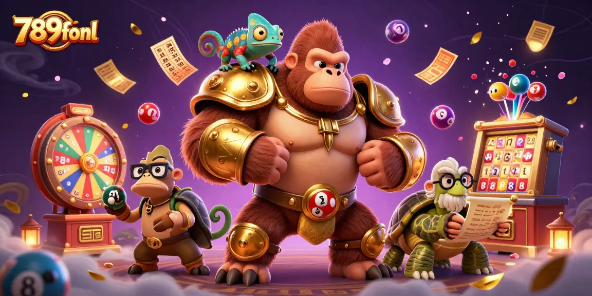 Engage in thrilling gambling at 789fonl with a gorilla king, chameleon companion, and tortoise elder amidst vibrant casino elements.