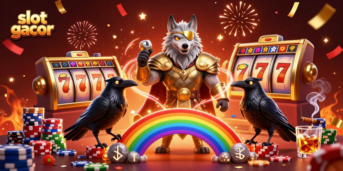 Engage in exciting slot gacor gameplay with Odin and mystical ravens amidst vibrant casino elements.