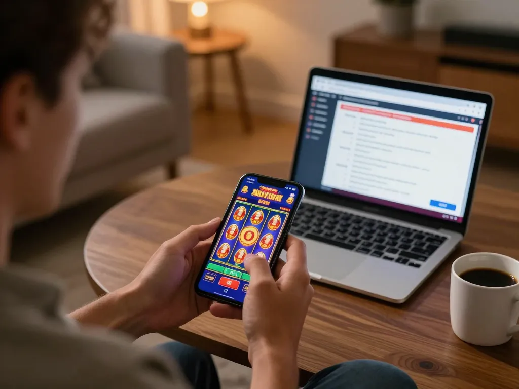 Player enjoying engaging slot online experience on smartphone at home, cozy ambiance.
