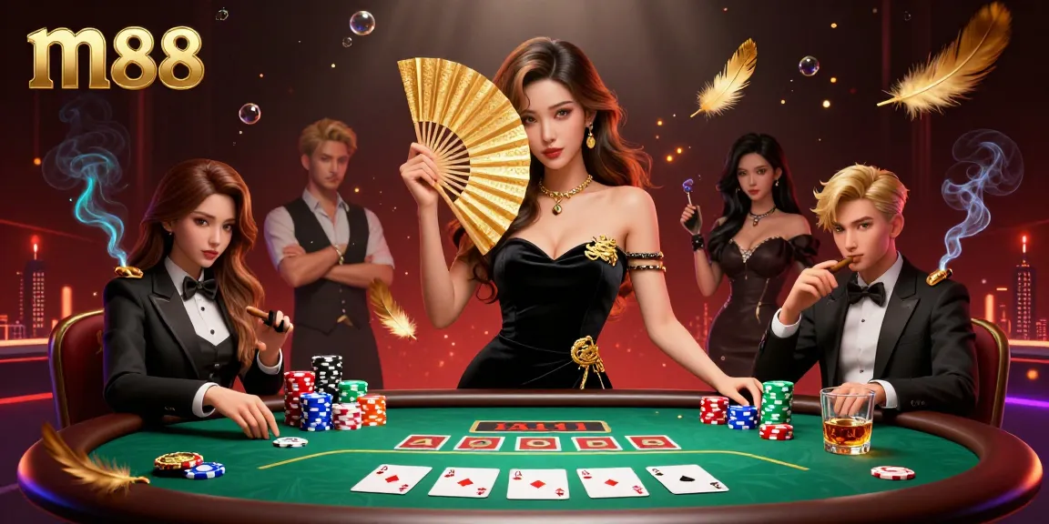 Terlibat dengan adegan poker m88 yang menawan menampilkan seorang wanita Asia yang menakjubkan dengan kipas emas dan chip yang cerah.