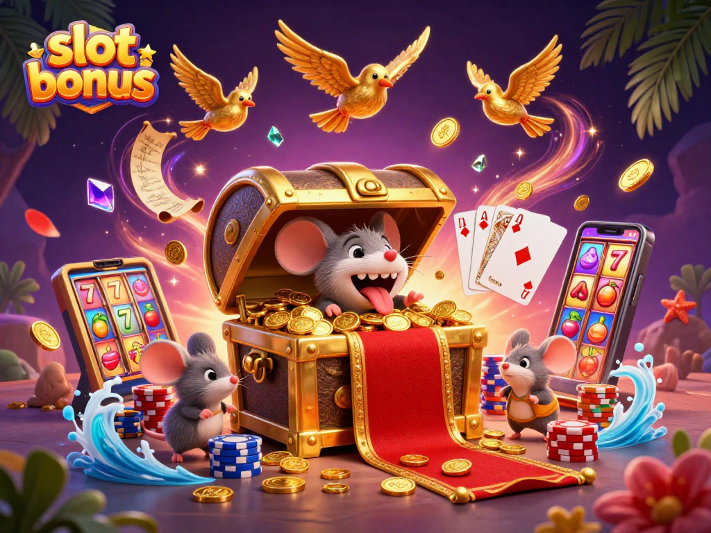 Experience the excitement of winning slot bonuses as treasures come alive in this vibrant casino illustration.