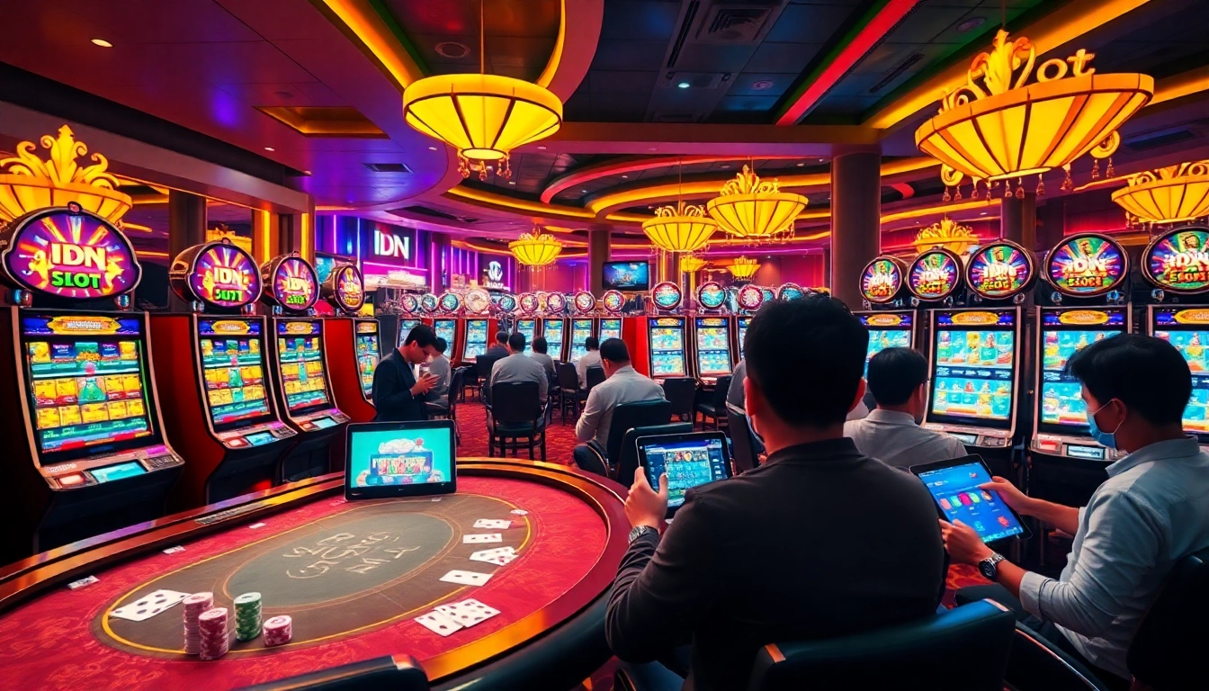 Players enjoying a thrilling experience with idnslot games at a colorful casino table.