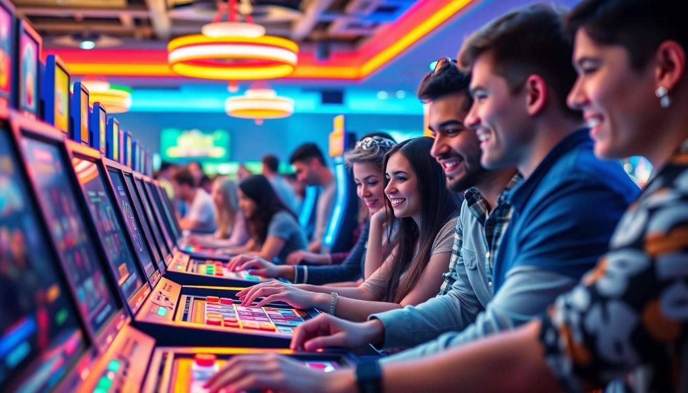 Asupantoto online gaming scene with diverse players enjoying vibrant slot machines and game boards.