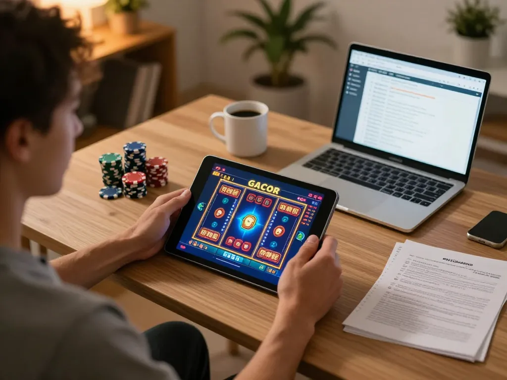 Pemandangan menarik seorang pemain menikmati permainan slot gacor di tablet, menggambarkan permainan yang strategis.