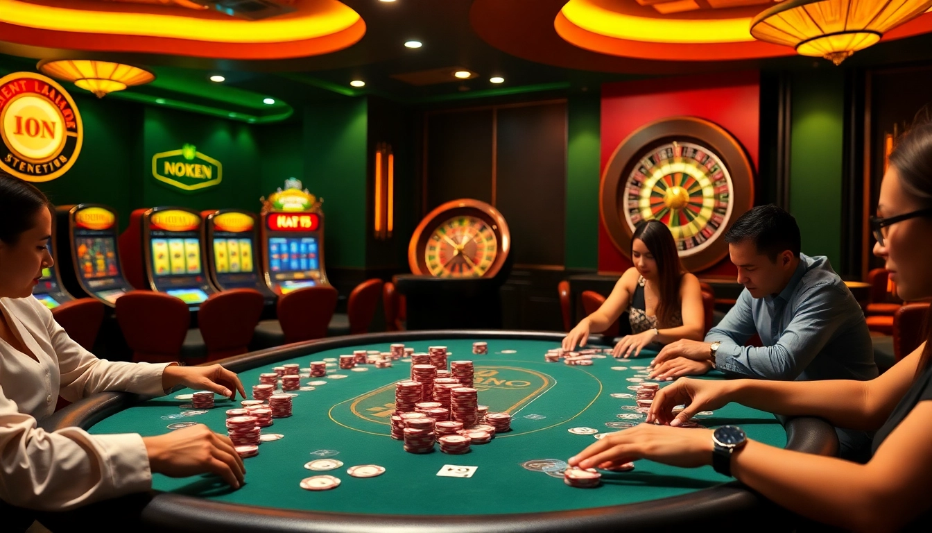 Engaging players at an Idn Poker table surrounded by colorful chips and cards in a vibrant casino.