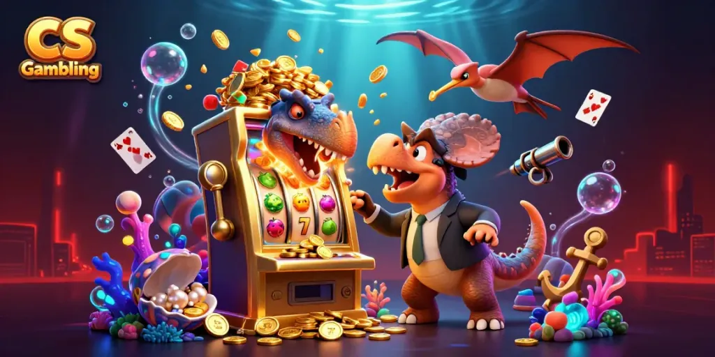 CS Gambling scene with characters celebrating a jackpot, featuring a slot machine amidst vibrant casino elements.