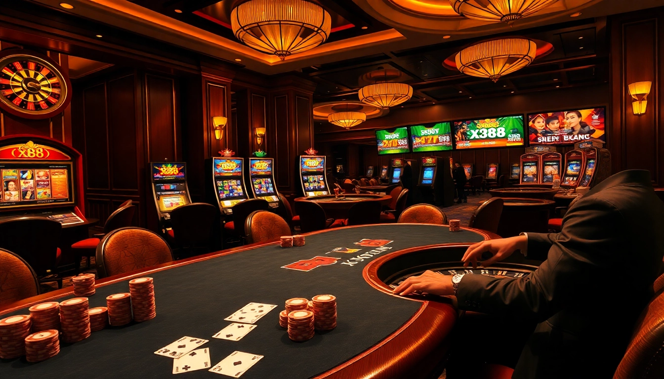 Engaging scene of xx88 casino with poker table, chips, and slot machines highlighting gambling excitement.