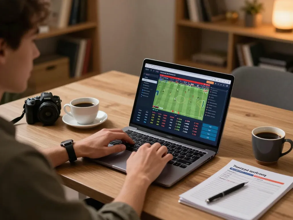 Engaging in online gambling, focusing on tỷ lệ nhà cái via sports betting app on laptop.