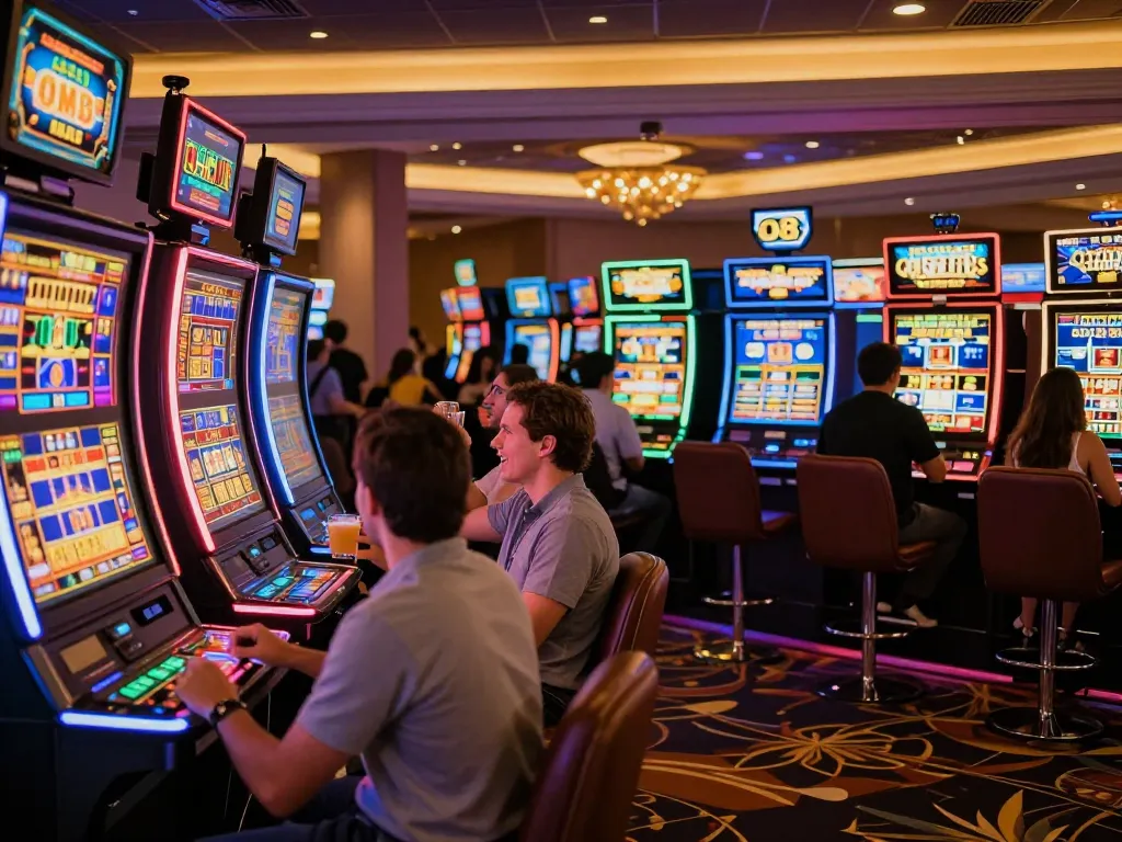 O8 players enjoying thrilling slot machines experience with vibrant lights and engaging atmosphere.