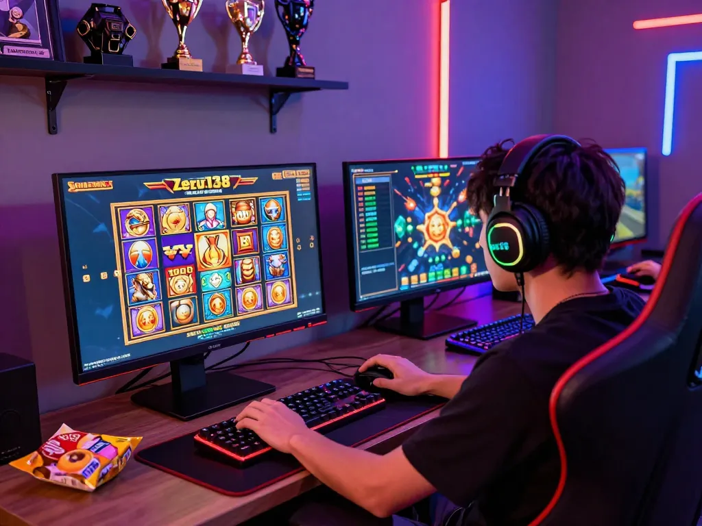 Player engaging with Zeus138 online slot games in an immersive, colorful gaming setup