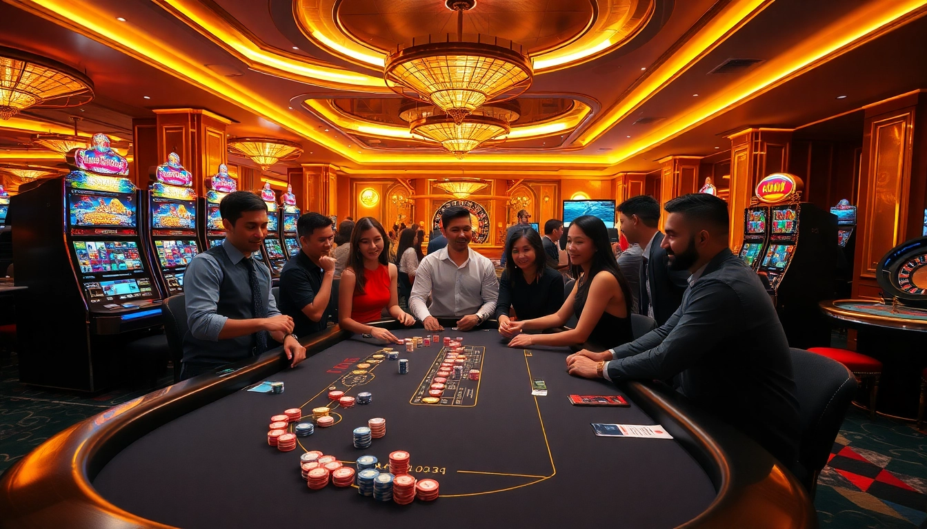 Players enjoy an exciting poker game at Go88 with vibrant chips, cards, and a luxurious casino atmosphere.