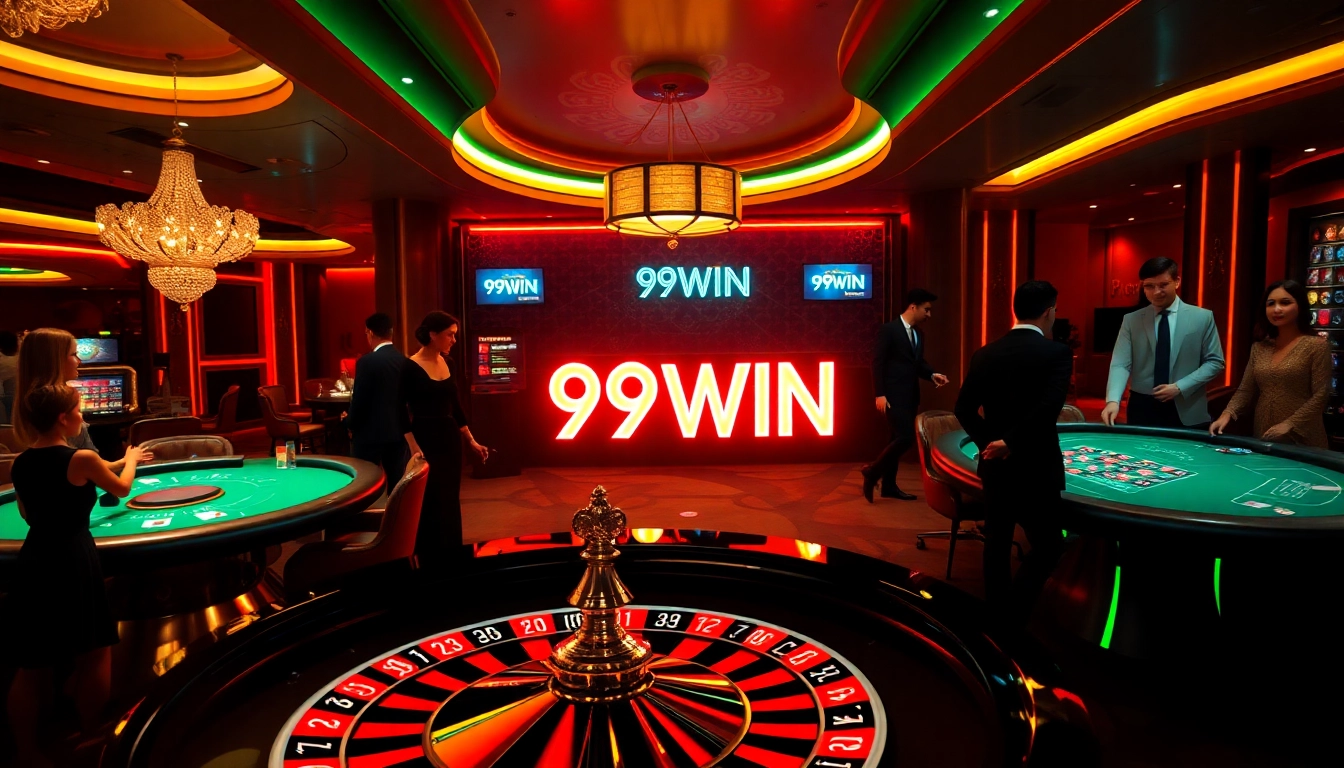 Players enjoying an exciting game at 99WIN casino, highlighting poker chips and roulette wheel.