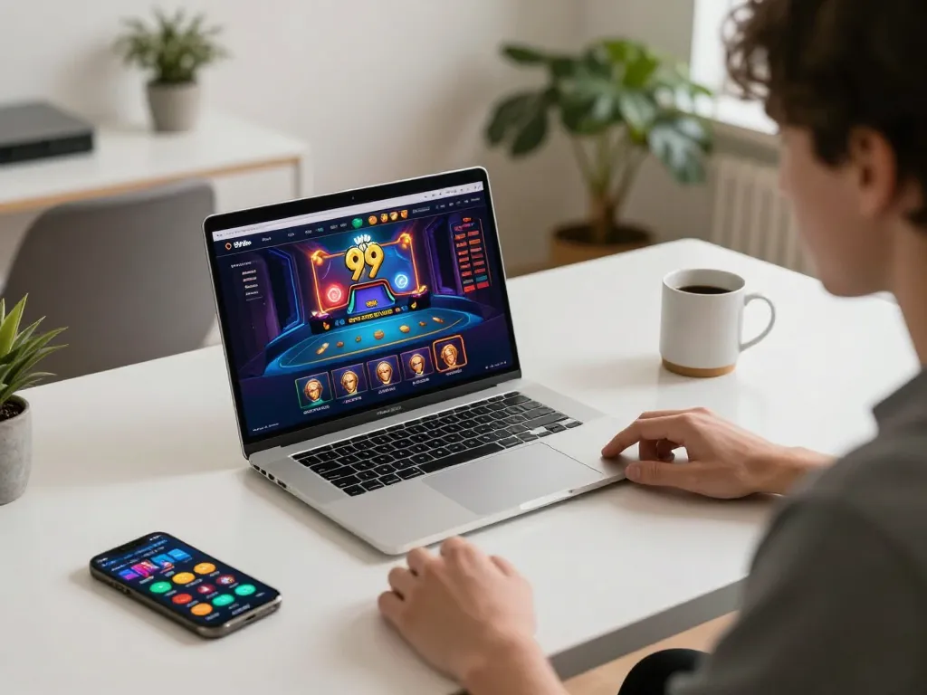 Engaging in live dealer gameplay on 99Win, showcasing a vibrant online casino interface and cozy gaming setup