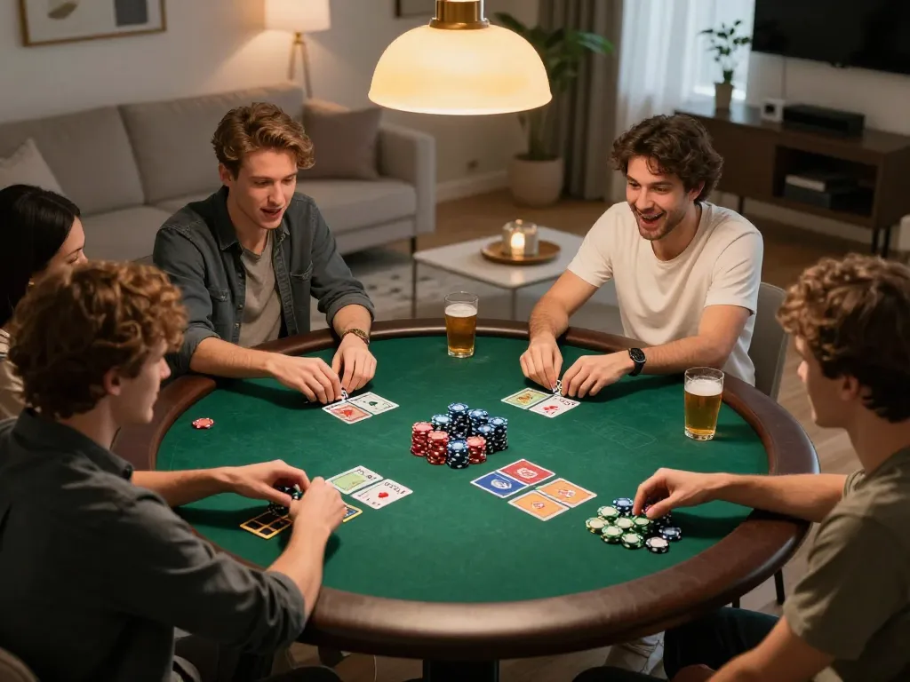 Exciting friends playing poker at home with dn88 chips and cards visible, showcasing friendly competition.