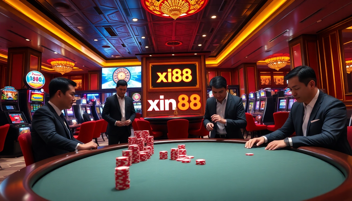 Players enjoy a thrilling game at xin88 casino, immersed in an elegant atmosphere.