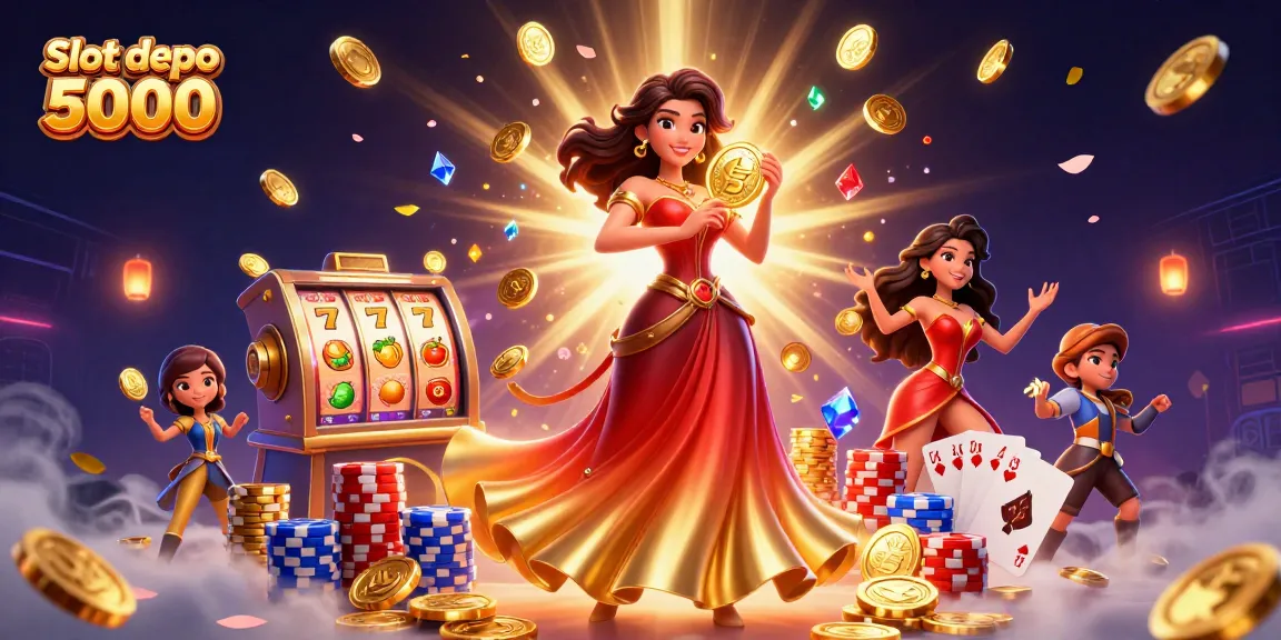 Engage with Slot depo 5000 as vibrant coins and gems rain down in an exhilarating casino scene.