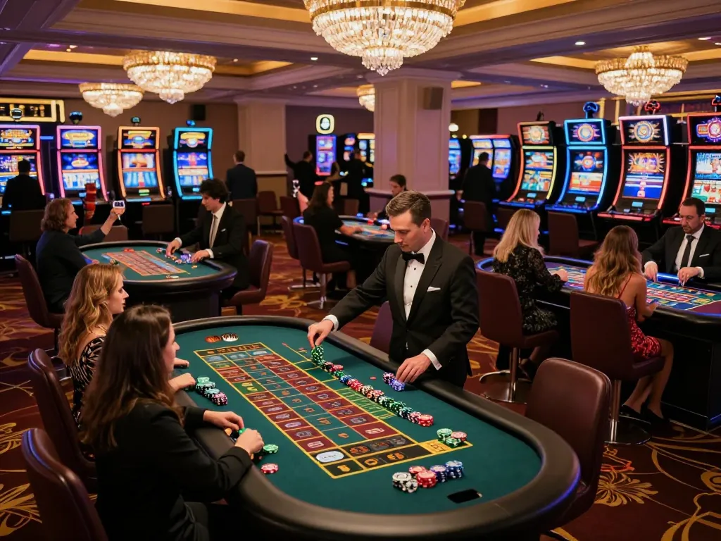 Players enjoying roulette at a lively hit club casino, chips on the betting layout amidst vibrant surroundings.