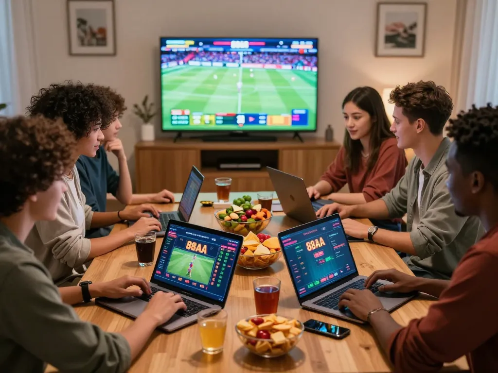 Friends enjoying an online game night with 88AA platform on screen, capturing excitement of gambling.