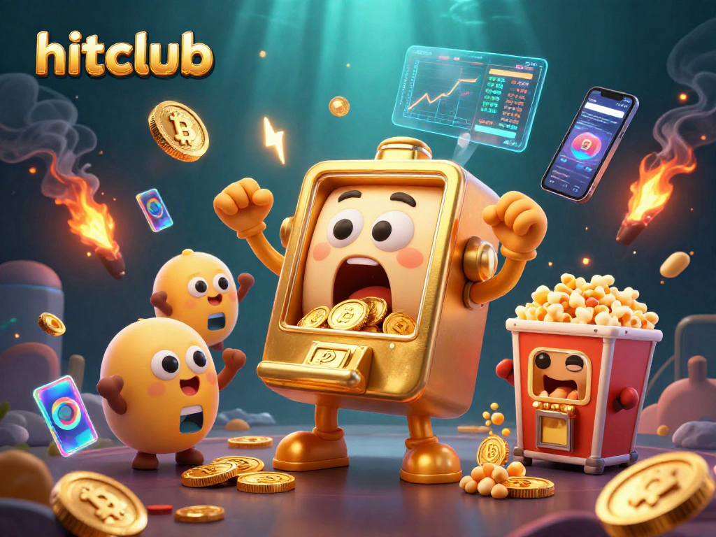 hitclub's animated slot machine hitting the jackpot with coins flying everywhere in a dazzling 3D scene.