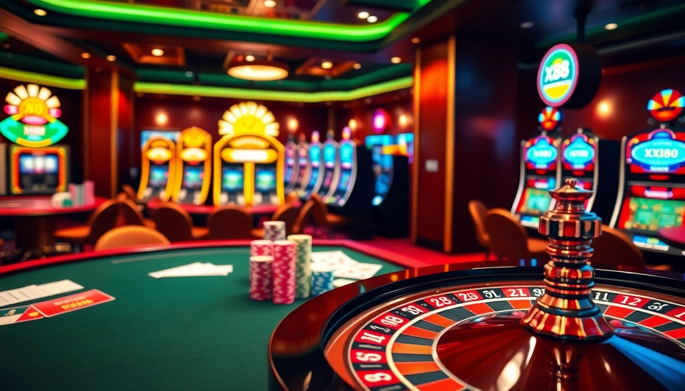 Engaging gambling scene at XX88 casino with vibrant slot machines and poker action.