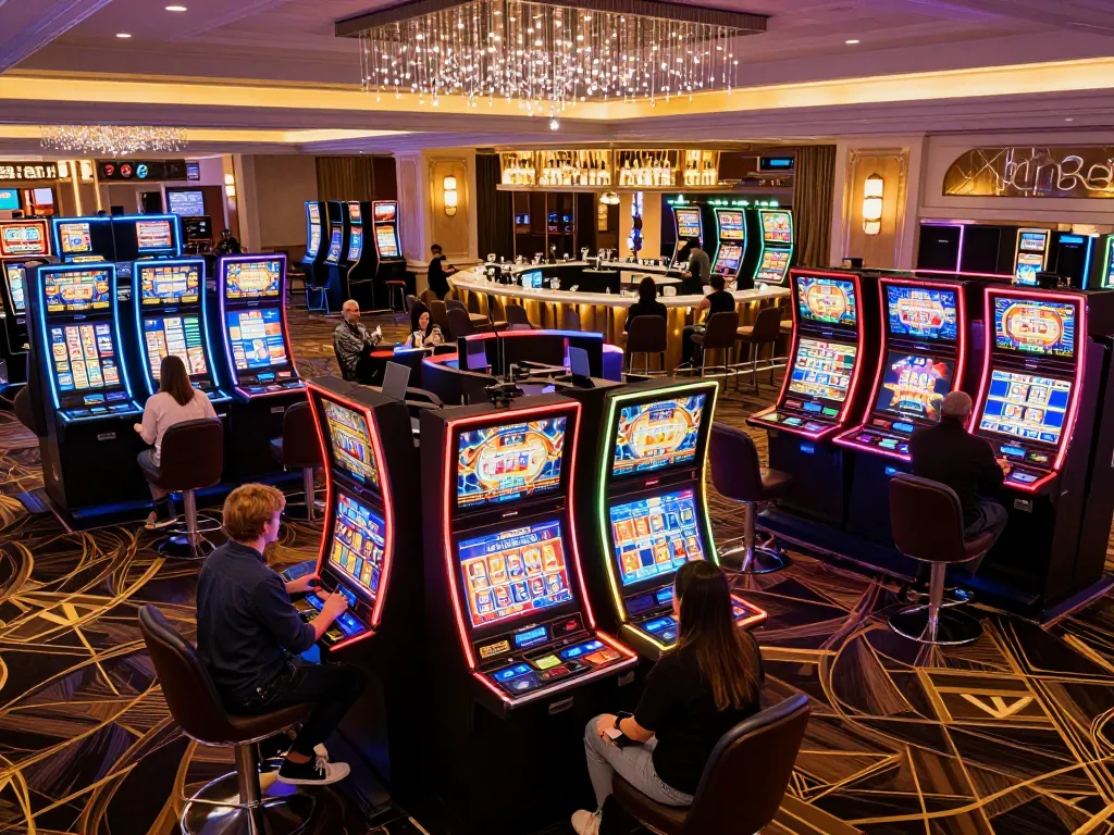 Experience the excitement of tx88 slot machines on a busy casino floor filled with vibrant lights and eager players.