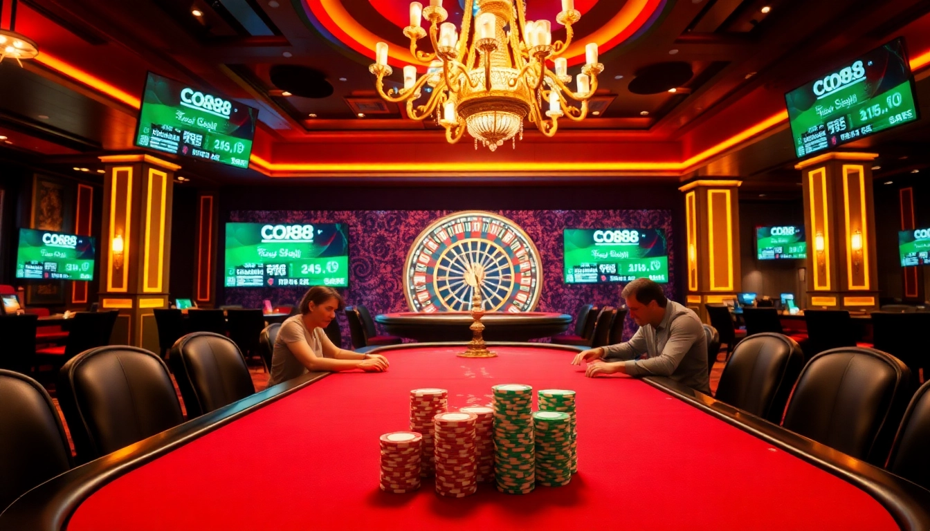 Players engaging at a Co88 poker table, showcasing chips and a roulette wheel.