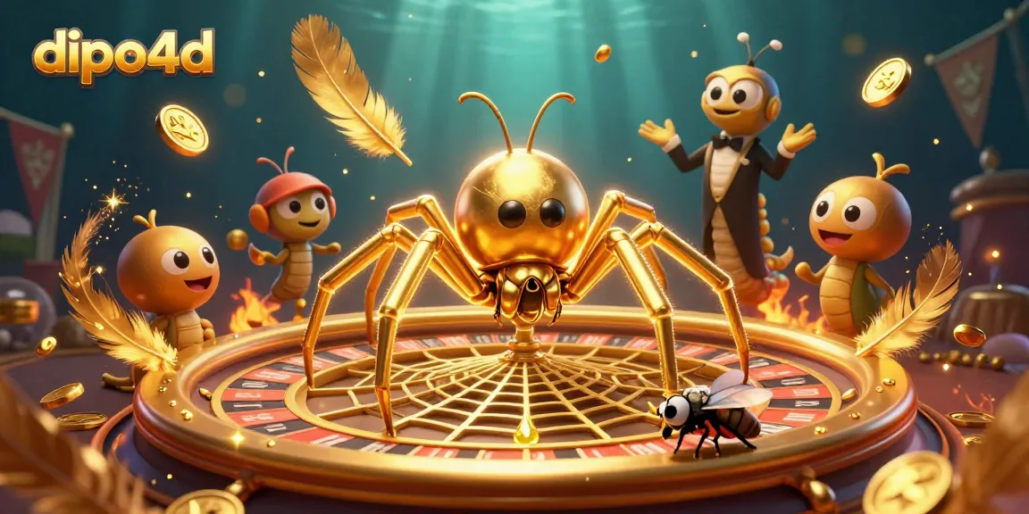 Bet on dipo4d as a 3D golden spider spins a roulette wheel web surrounded by vibrant gambling elements.