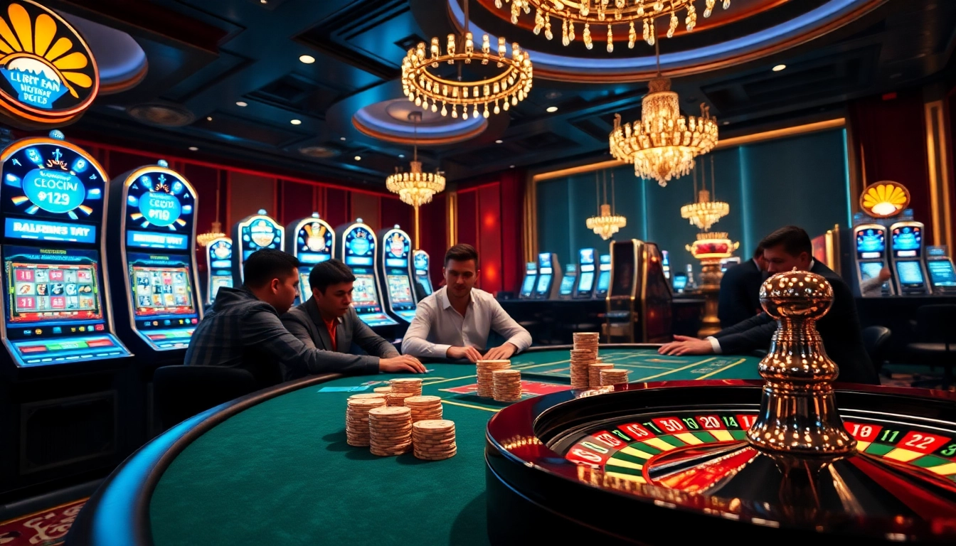 cuci100 players enjoying high-stakes poker and thrilling slot machines in a vibrant casino.