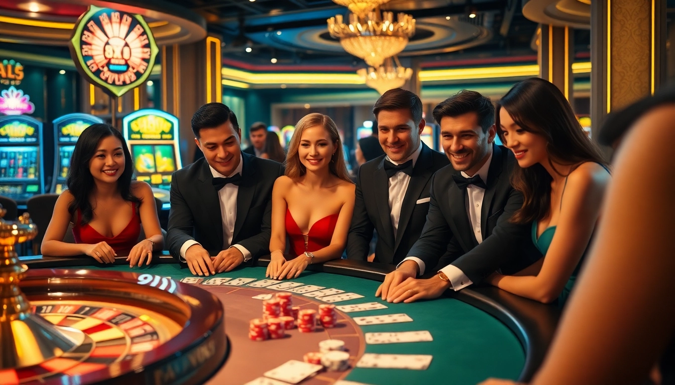 Engaged players enjoy a thrilling poker game at 88vv casino, surrounded by vibrant slot machines.