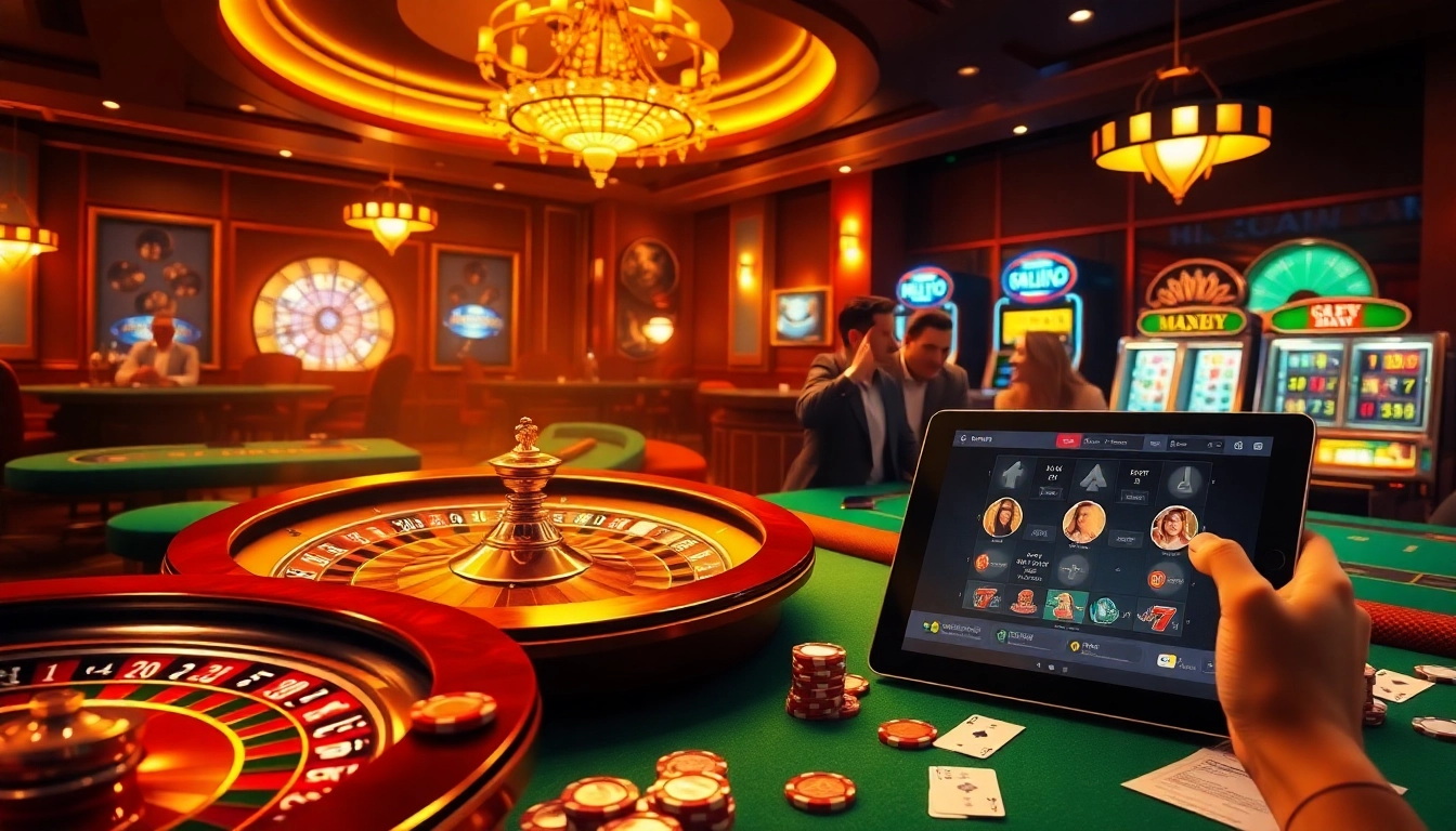 Hello88 casino scene showcasing an exciting poker game and luxurious roulette wheel in a vibrant atmosphere.