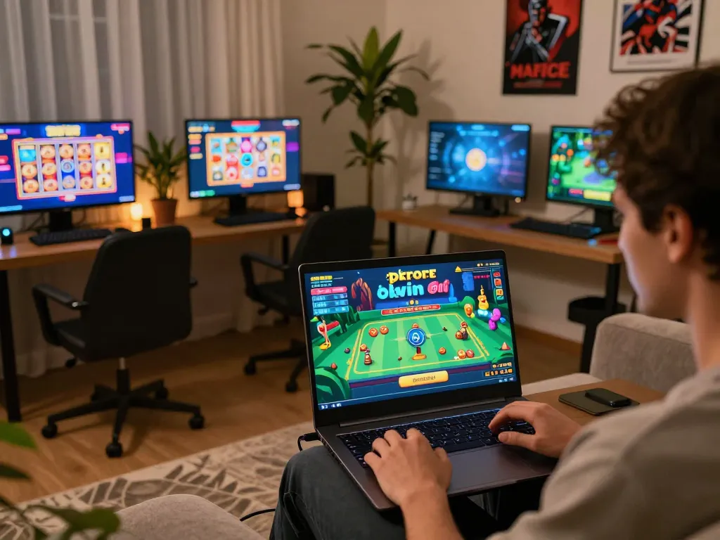 Engaging in the okwin game, a player enjoys a dynamic online casino experience at home with various gaming options visible on the screen.