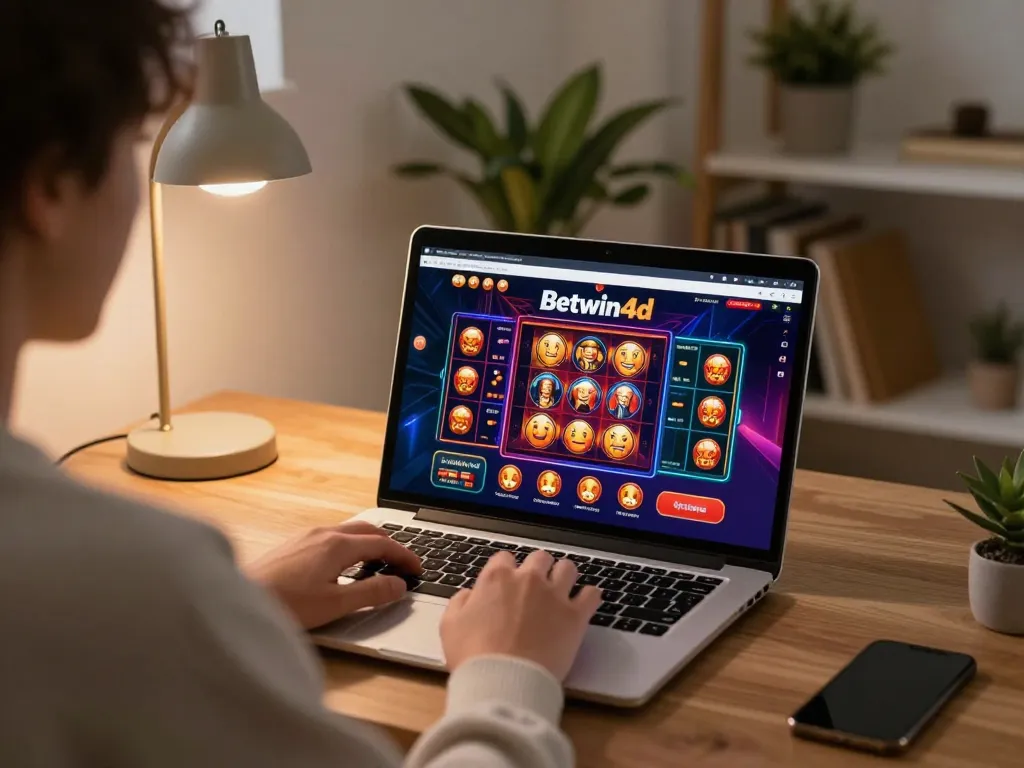 Engaging scene of online player enjoying Betwin4d casino games on laptop in cozy home setting