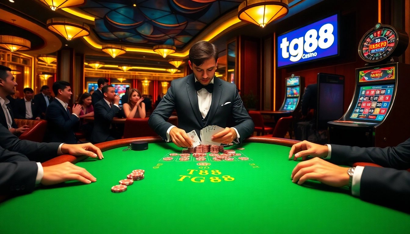 Experience tg88 in action at a luxurious poker table surrounded by players and a roulette wheel.