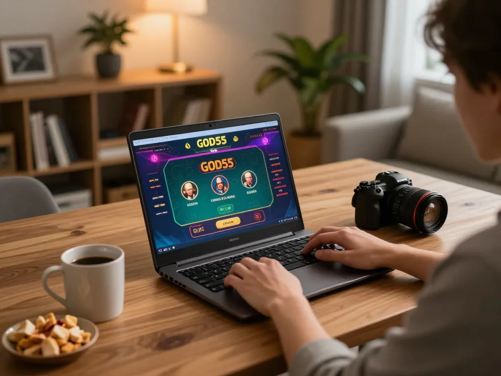 Engaging with the god55 online casino platform from a cozy home setup, showcasing vibrant gaming interface.