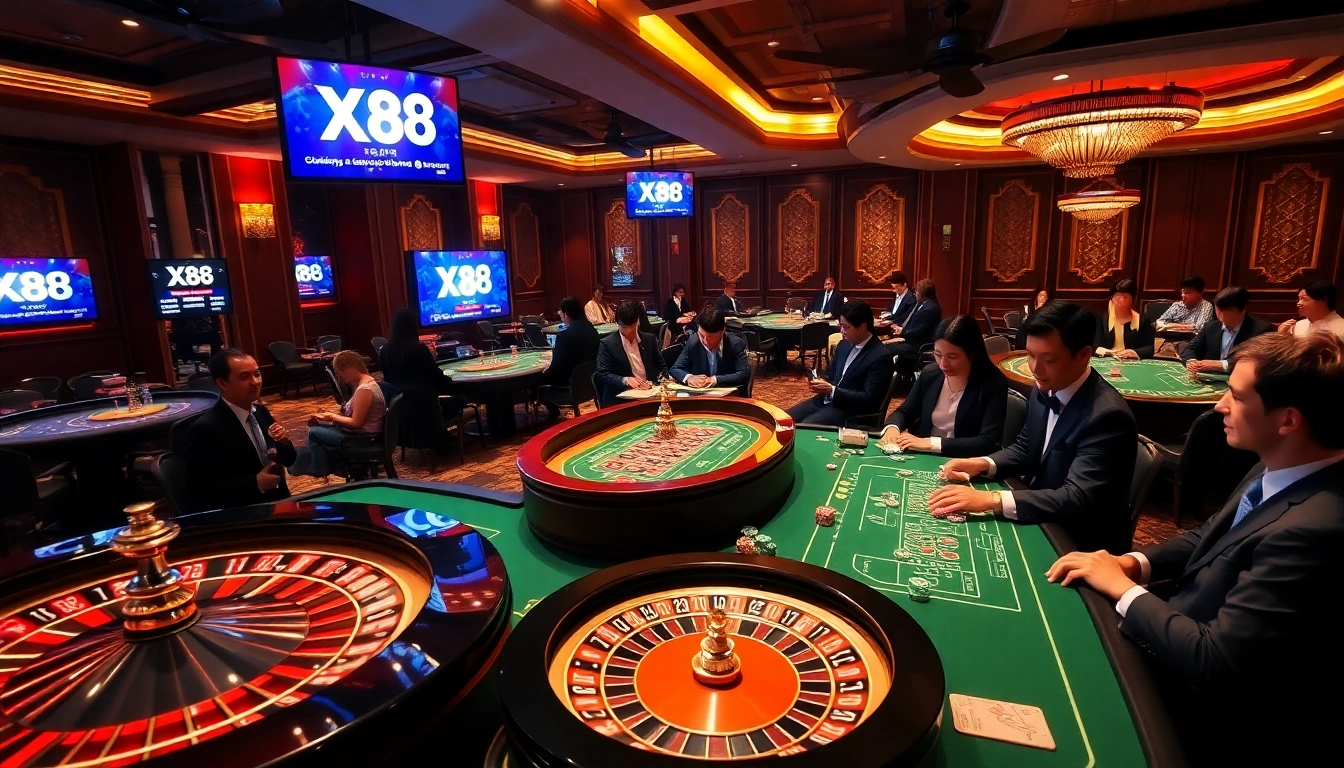 Players enjoying thrilling games at XX88 casino, showcasing excitement and luxury in gambling.