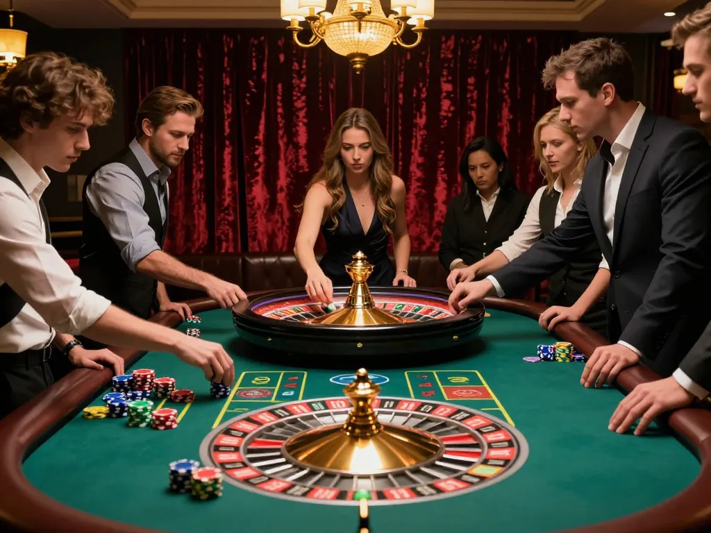 Players at GG88 roulette table eagerly betting as the croupier spins the wheel in a luxury casino.