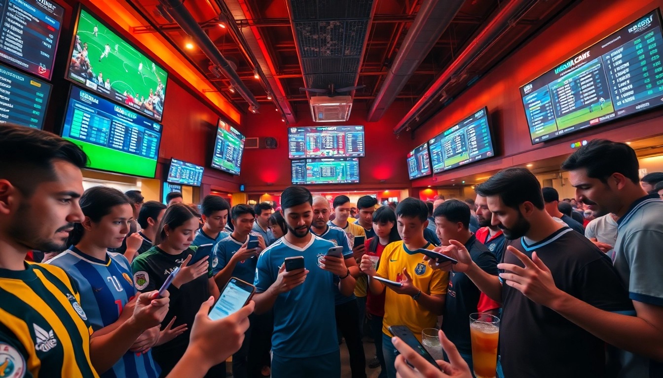 Excited fans analyzing keonhacai betting odds at a sports bar.