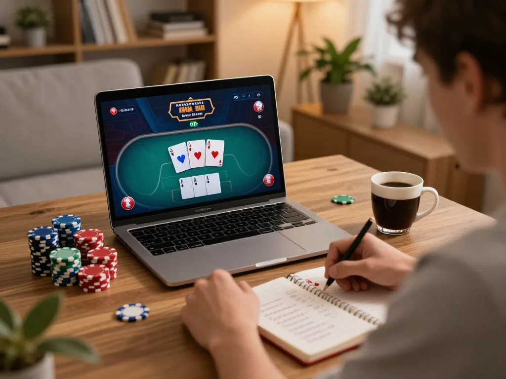 Engaging online poker session featuring ku88 with player analyzing strategies and cards on laptop