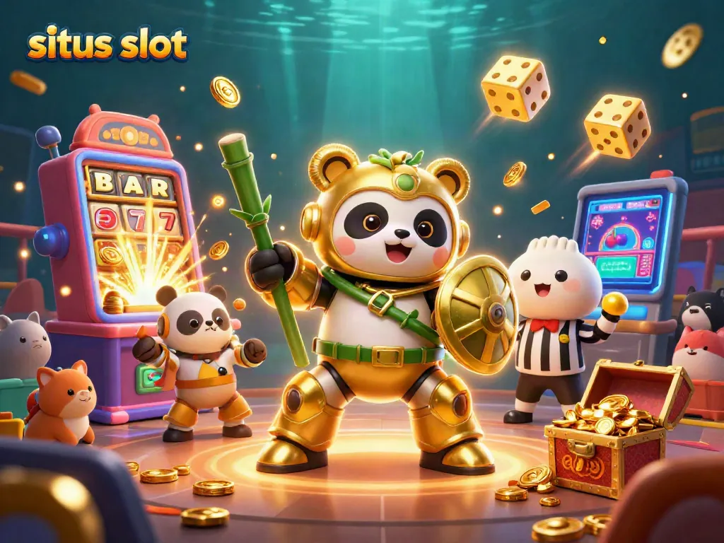 Mainkan situs slot dengan permainan seru dan simbol keberuntungan dalam ilustrasi 3D.