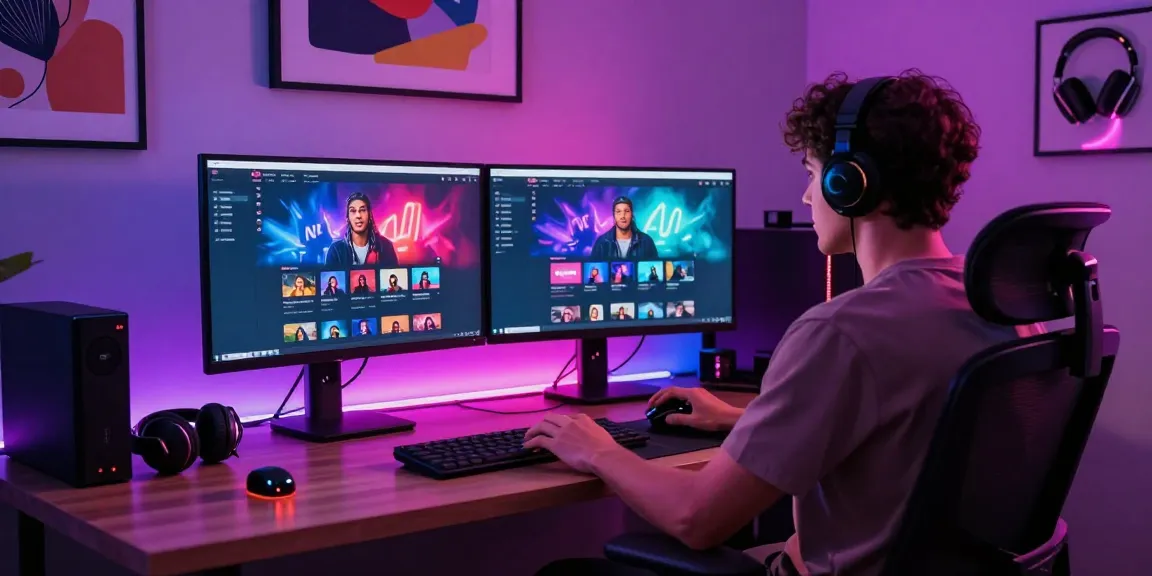 Immersive NSFW AI workspace with vibrant neon lights and dual monitors showcasing adult chat platforms.